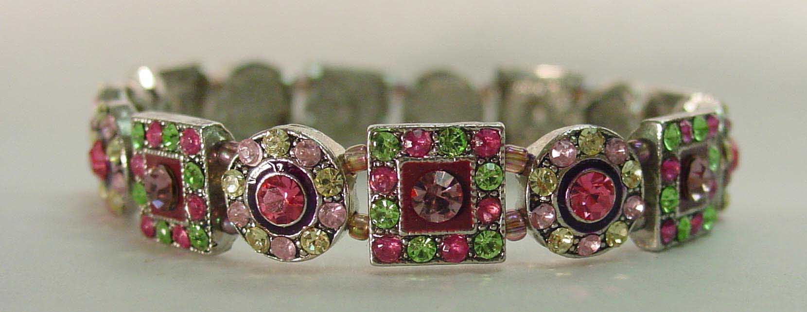 Pink multi & green crystal rhodium plated bracelet
