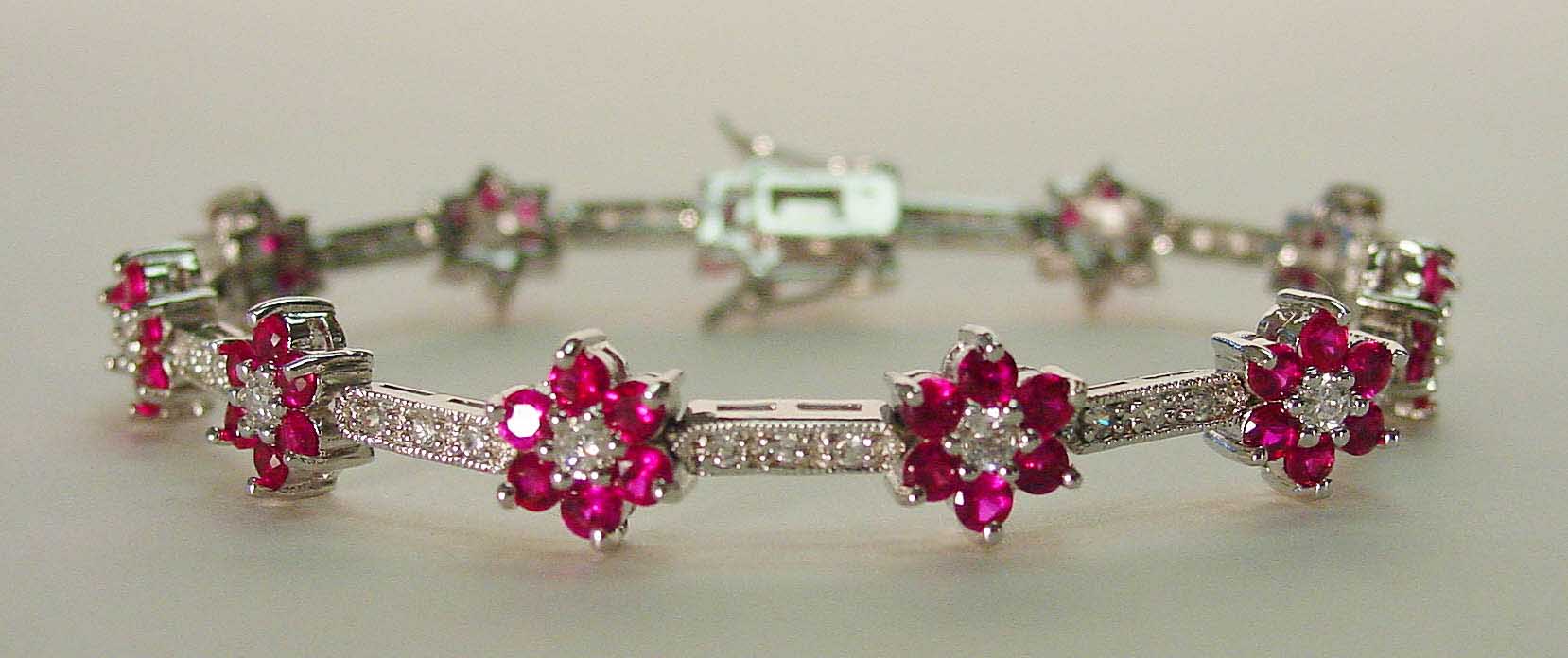 Ruby CZ & clear CZ flower silver bracelet