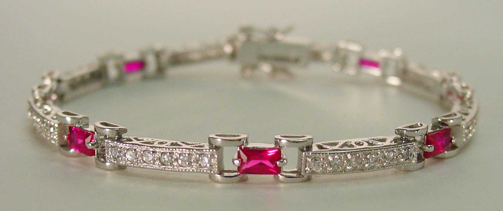 Ruby CZ & Clear CZ rectangle silver bracelet
